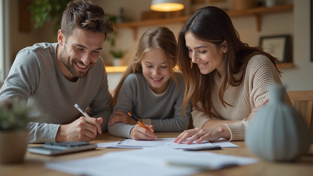 Семья планирует финансовое будущее за столом с документами и калькулятором