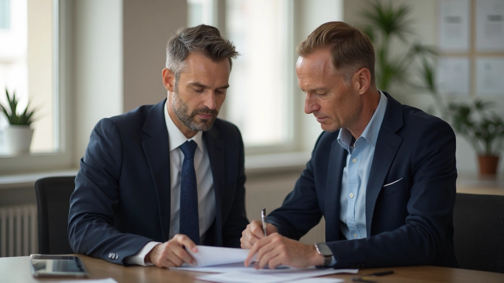 Финансовый консультант обсуждает план погашения долга с клиентом в офисном кабинете