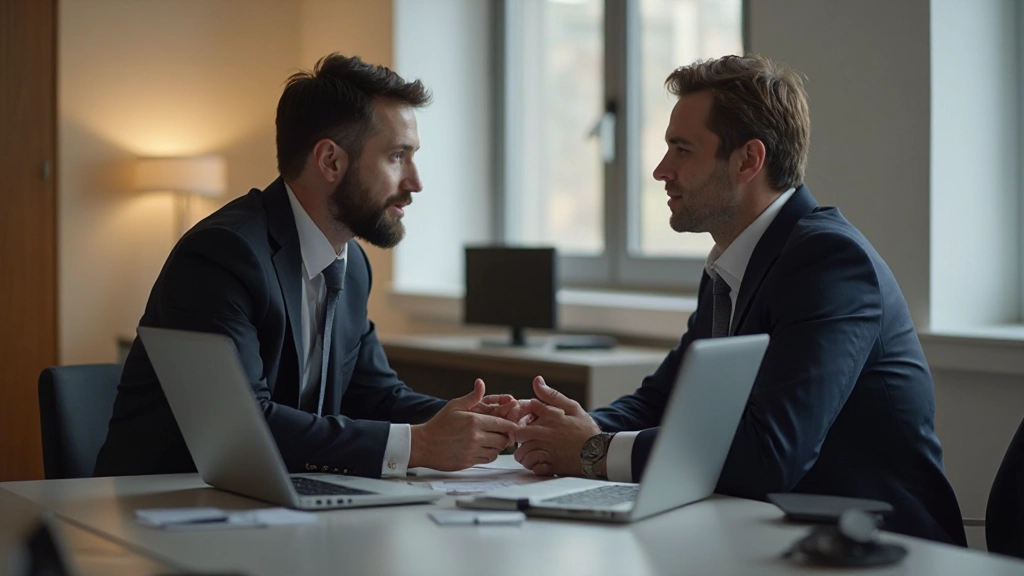 Консультант по инвестициям обсуждает портфель с клиентом в офисе